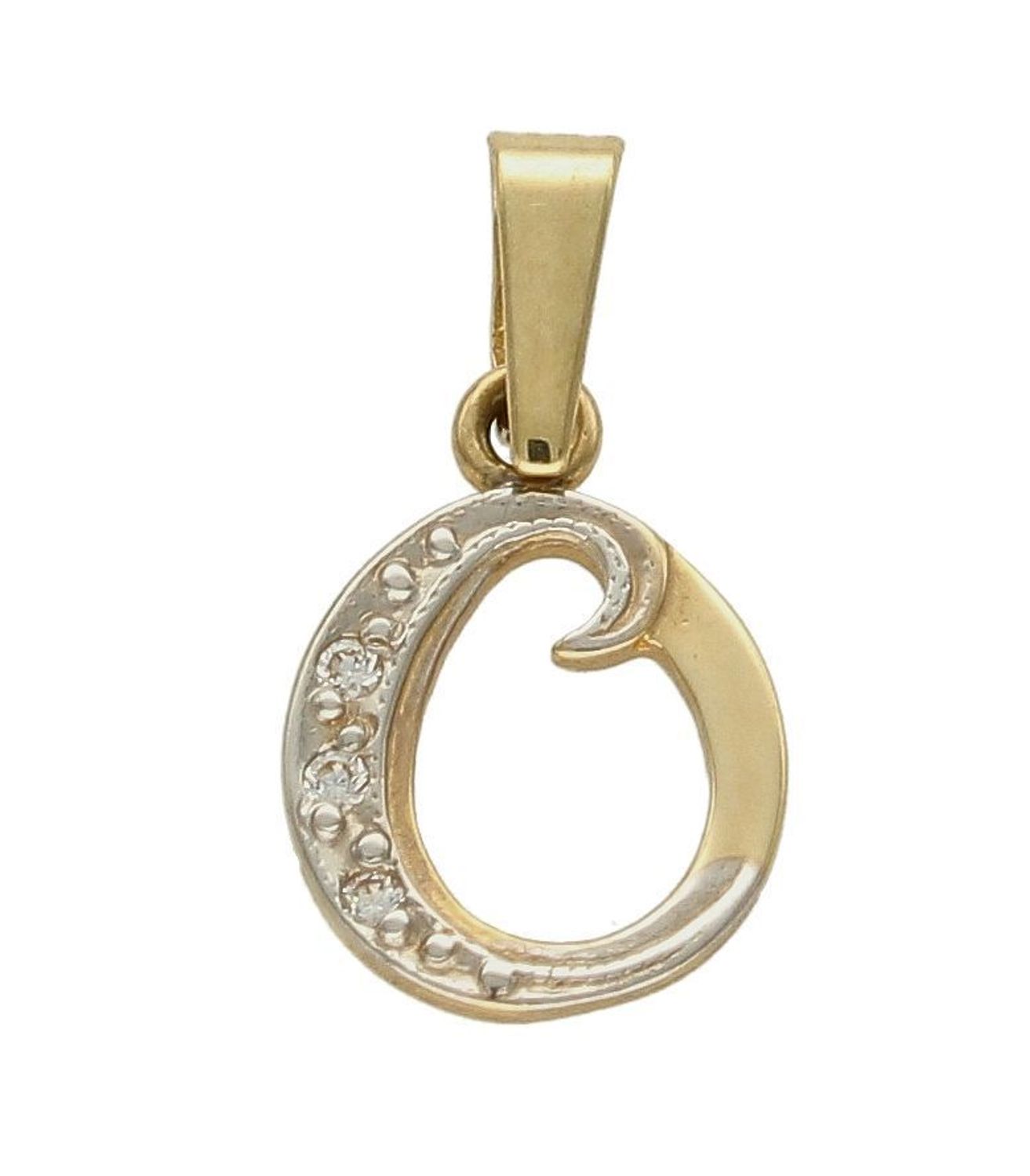 Złota zawieszka 585 literka O ozdobiona cyrkonią Z-98 O. Złoty wisiorek próby 585. Wisiorek literka z cyrkoniami. Zawieszka złota do łańcuszka literka N. Literka zawieszka idealny pomysł na prezent..jpg